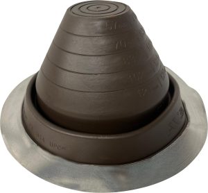Sideview of a brown pipe flashing for the Worthouse metal roofing system