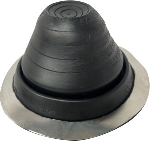 Side view of a black pipe flashing for the Worthouse metal roofing system