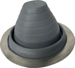 Side view of the dark grey pipe flashing for Worthouse metal roofing